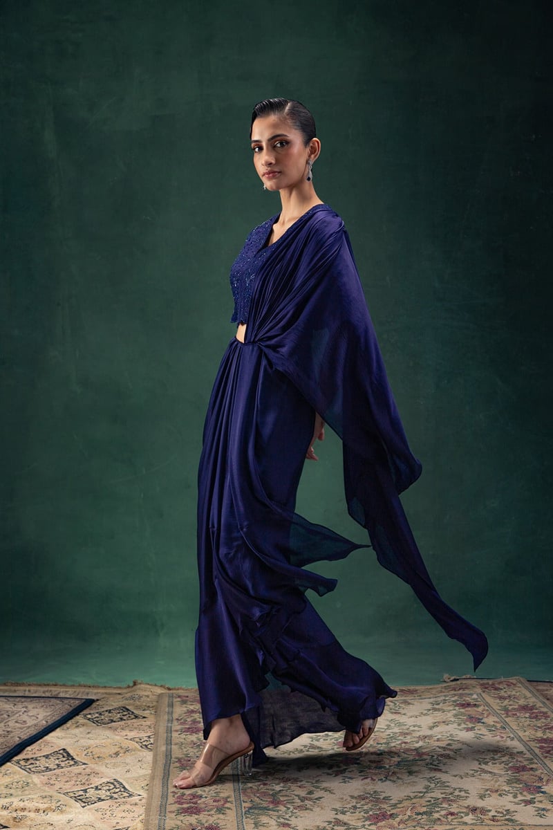 Navy Blue Draped Saree Set with Embroidered Blouse