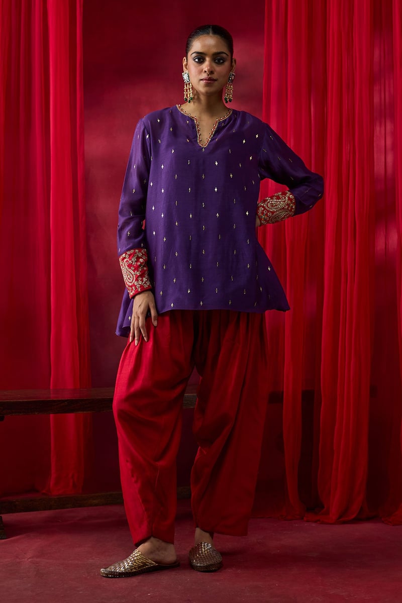 Purple Tunic and Red Salwar Co-ord Set With Embroidered Cuffs