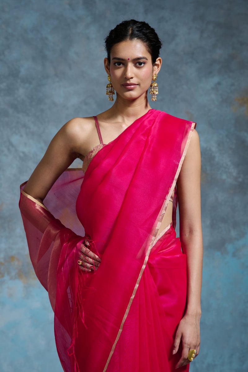 Hot Pink Organza Saree with Zari Border