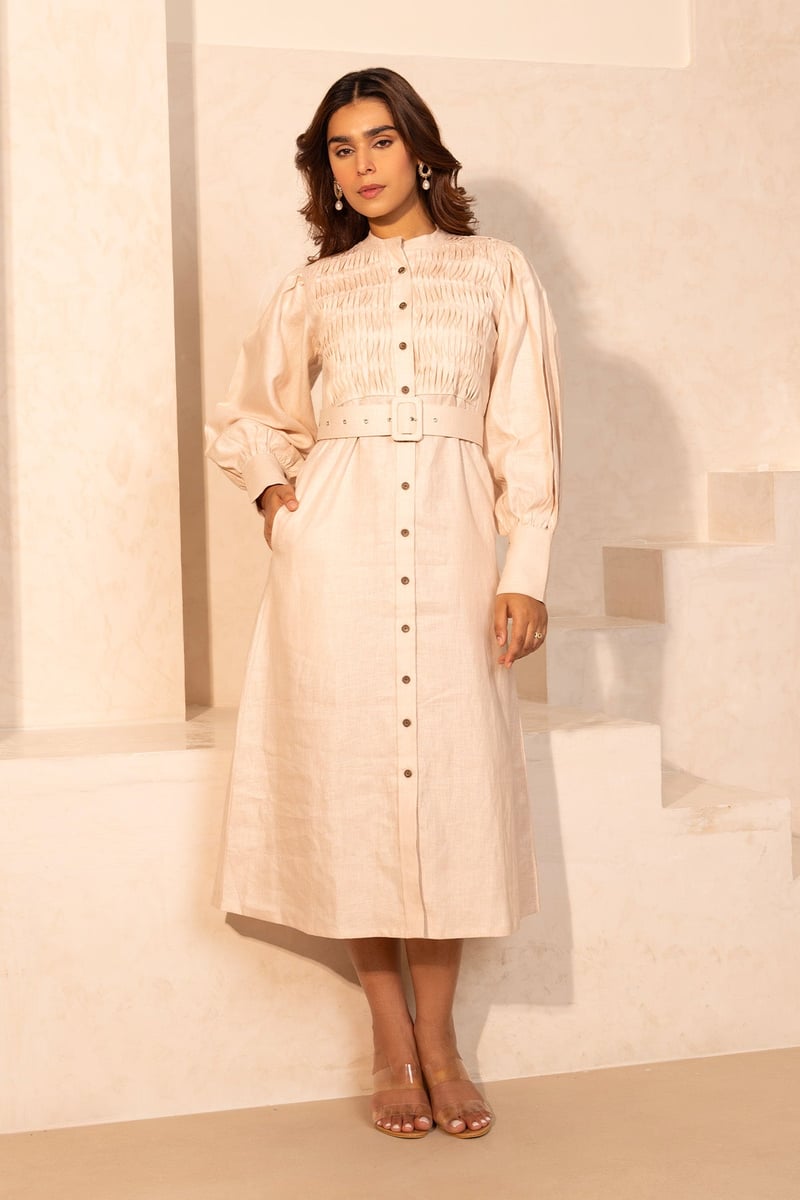 Beige Hemp Midi Shirt Dress with Belt
