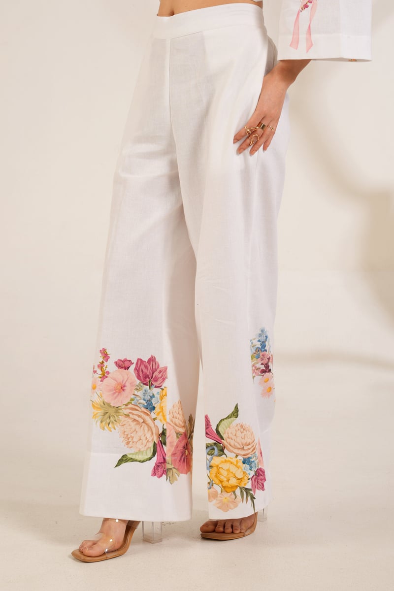 White Floral Printed Kurta Shirt and Trouser Set