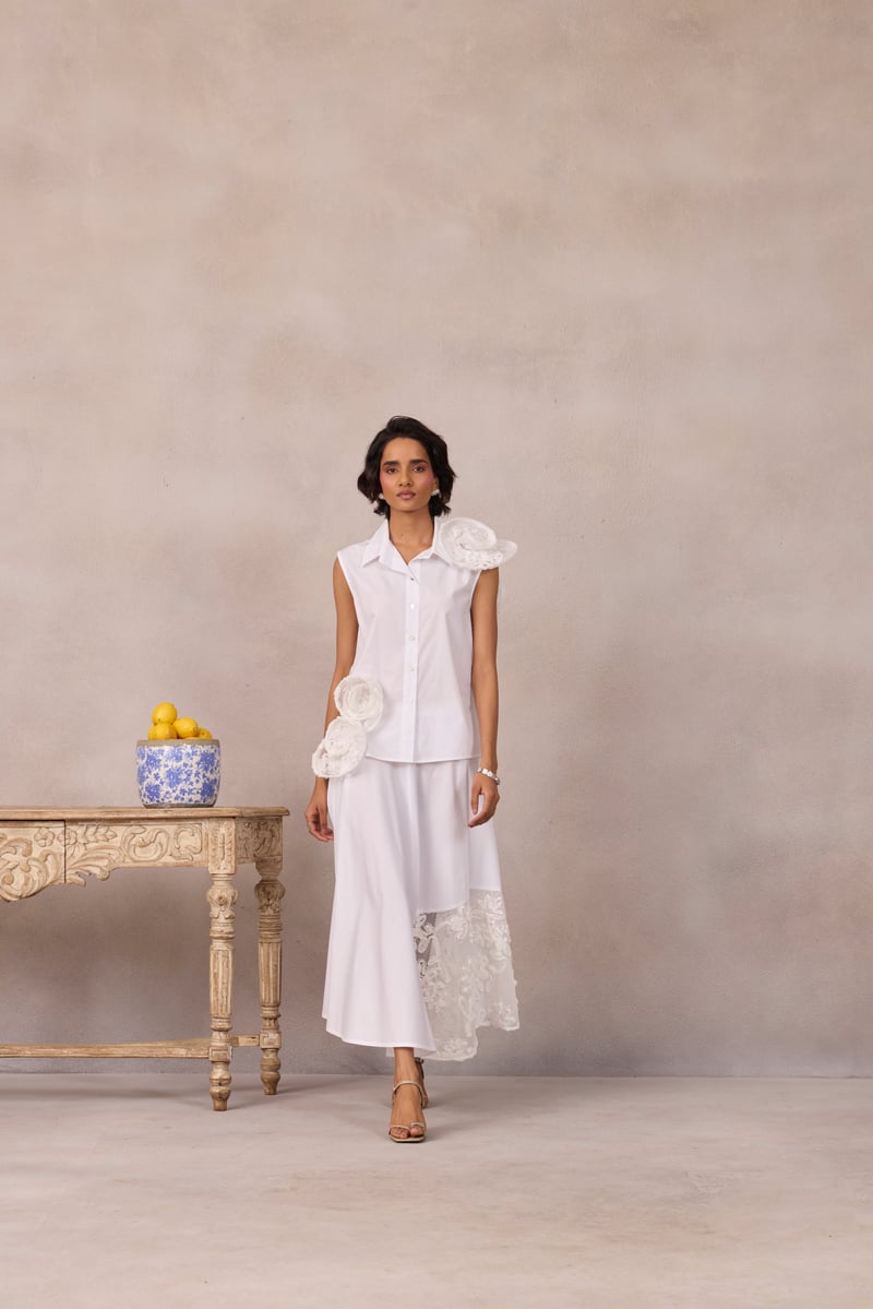 Bright White Sleeveless Shirt with 3D Rosette Detail