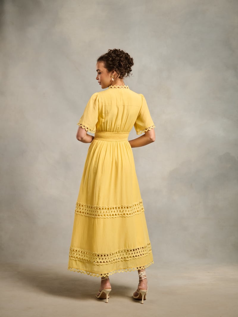 Yellow Lace Cutwork Fit and Flare Maxi Dress