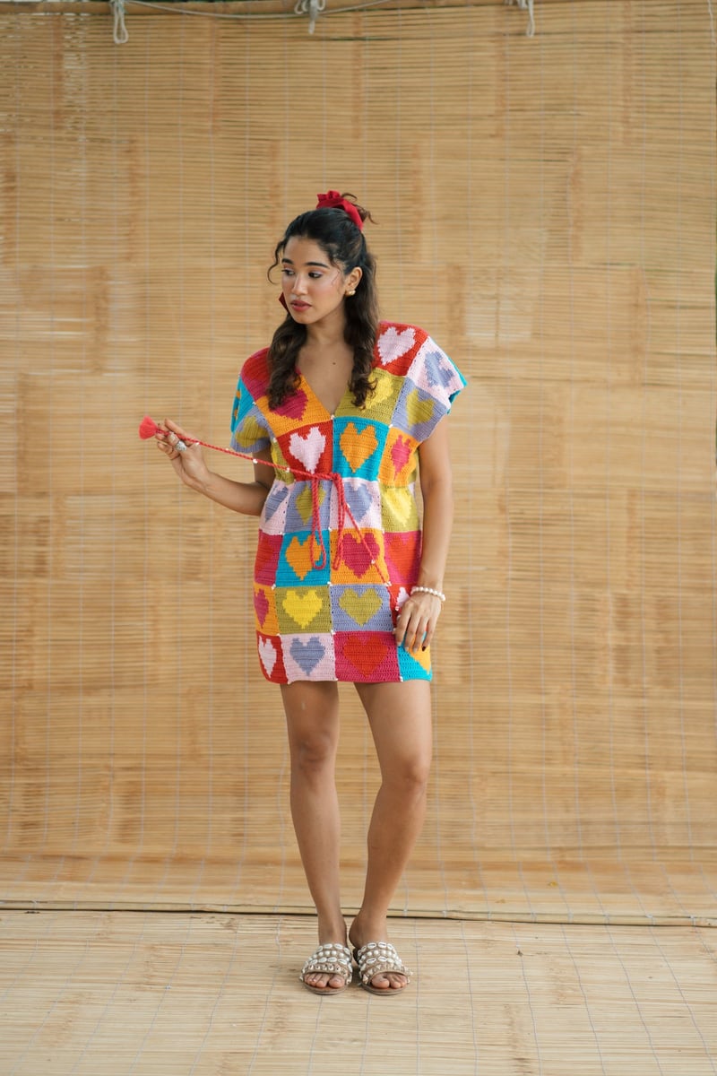 Multicolour Crochet Colorblock Heart Mini Dress with Tie-Up