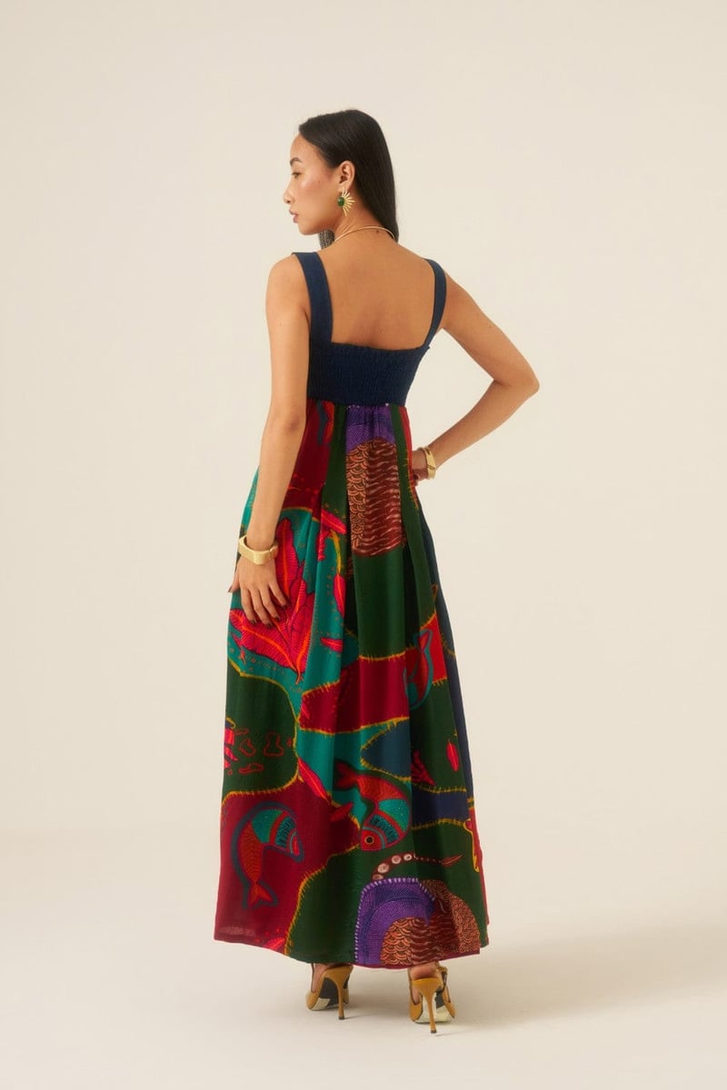 Multicolor Fit and Flare Maxi Dress with Denim Bodice