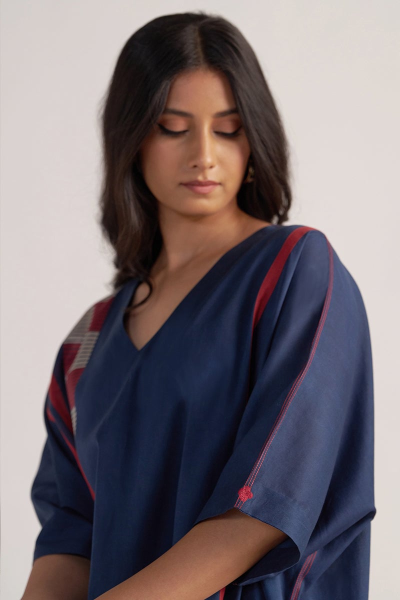 Navy Blue Printed Kaftaan Co-ord Set with Wide-Leg Pants
