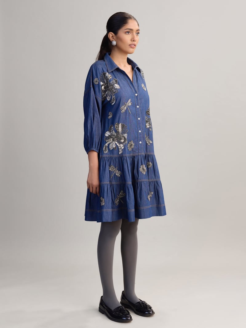 Blue Denim Embellished Tiered Midi Shirt Dress