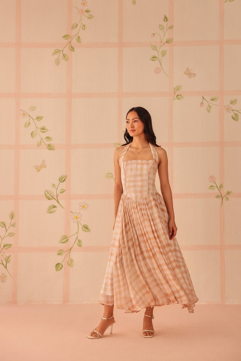 Peach and White Checked Halter Maxi Dress