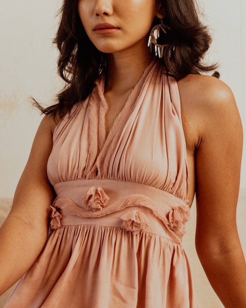Dusty Pink Halter Neck Backless Rosette Maxi Dress