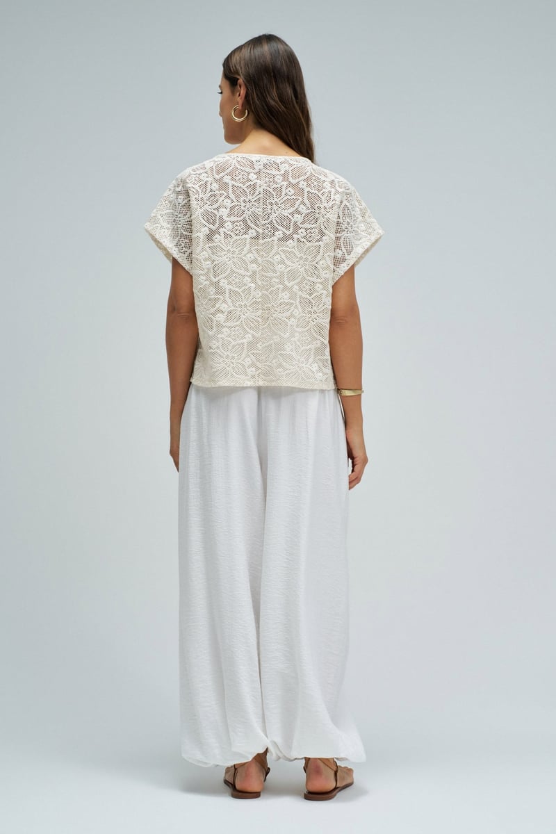 Light Beige Crochet T-Shirt with Keyhole Neck Detail