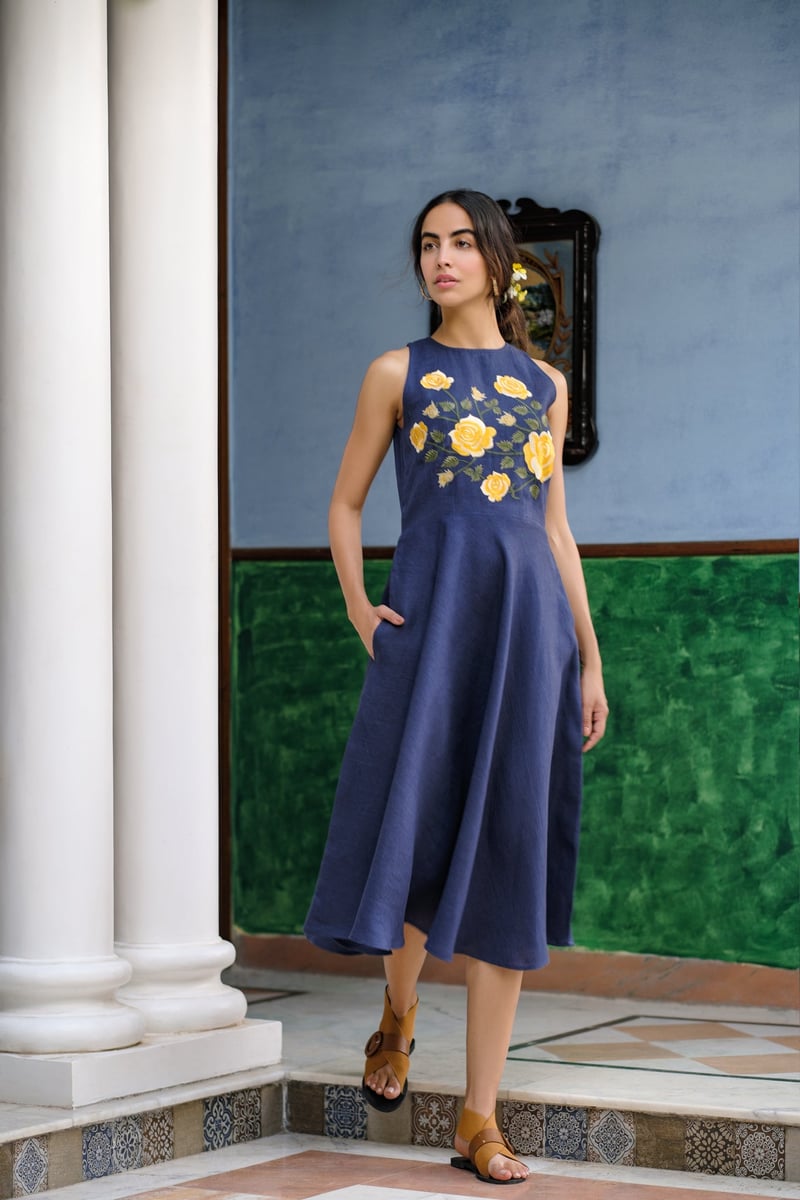 Navy Blue Linen Fit-and-Flare Midi Dress with Rose Embroidery