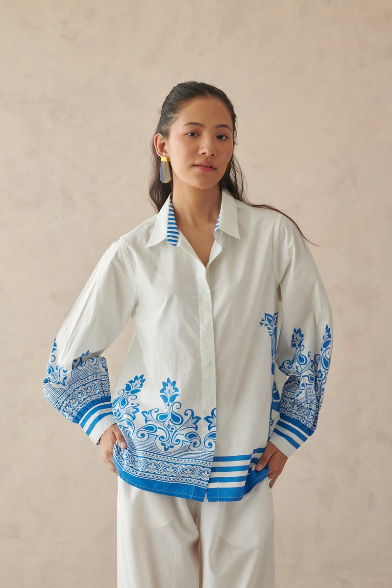 White Cotton Poplin Shirt with Blue Placement Border Print