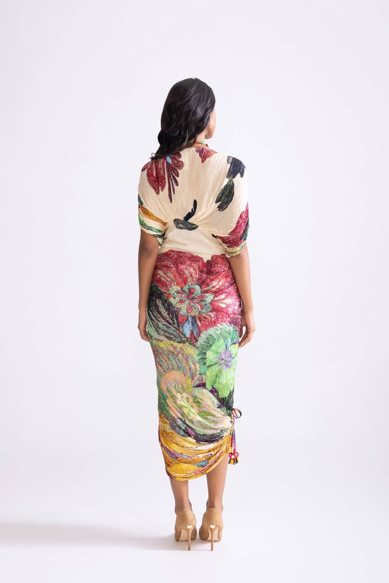 Multicolor Floral Micro-Pleated Kaftan Midi Dress