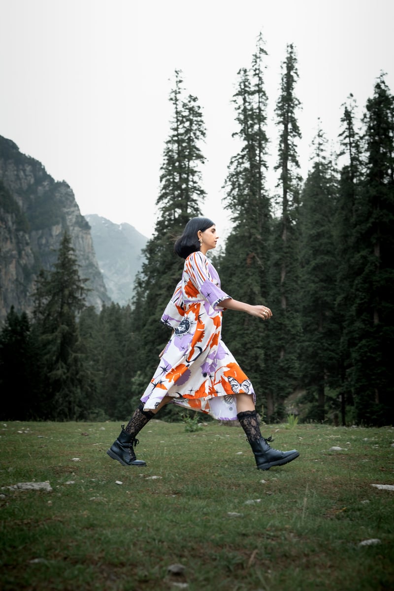 White Orange Printed Recycled Cotton Midi Dress