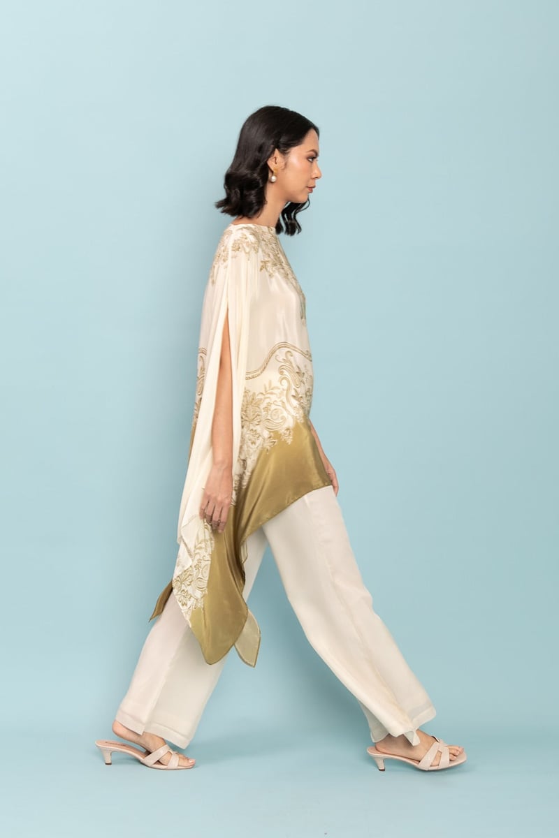 Ivory and Olive Printed Cape Kaftan Top