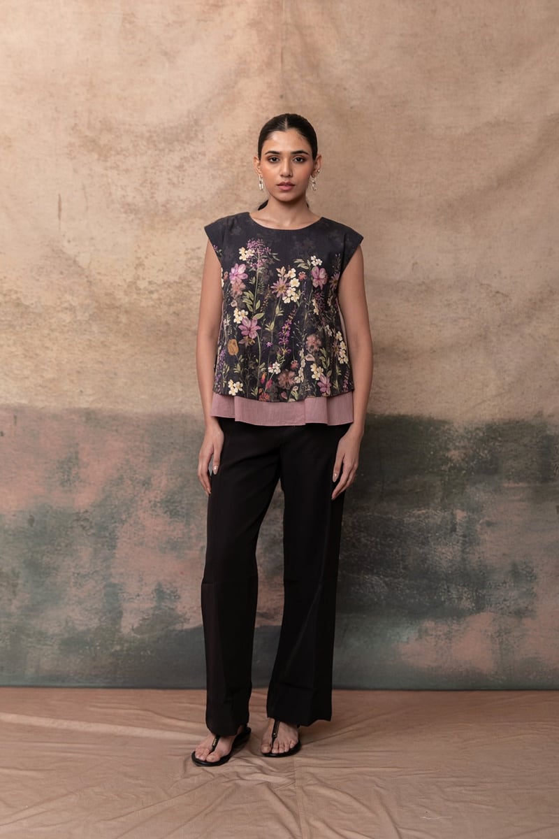 Black Floral Layered Hem A-Line Tunic Top