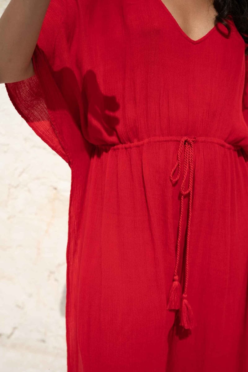 Red Kaftan-Style V-Neck Wide-Leg Jumpsuit