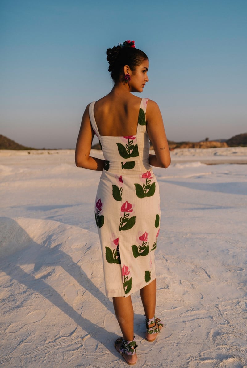 White Pink Floral Square Neck Sheath Midi Dress
