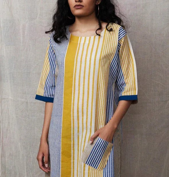 Mustard and Blue Striped Colorblock Midi Dress
