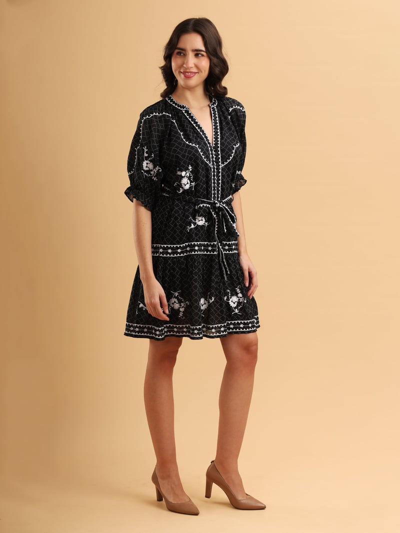 Black Embroidered Tiered Mini Dress with Waist Tie