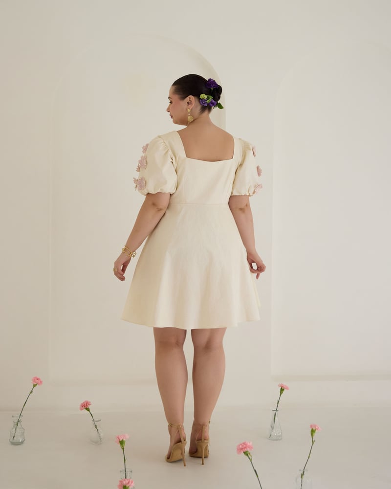 White/Lilac 3D Floral Applique Fit and Flare Mini Dress