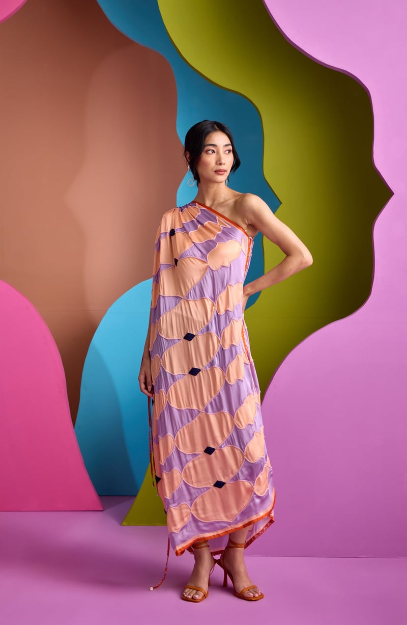Peach Lilac One-Shoulder Printed Maxi Kaftan Dress