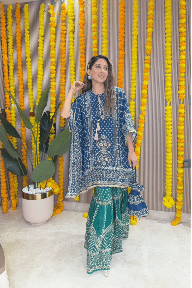 Teal Blue Kaftan and Emerald Gharara Co-ord Set