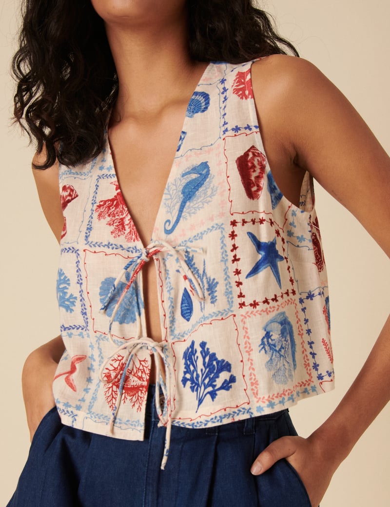Multicolor Nautical Print Tie-Up Sleeveless Vest Top