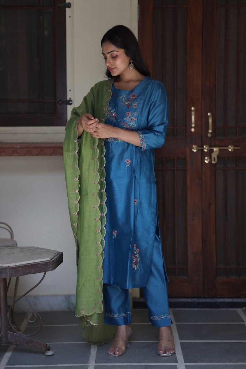 Prussian Blue Chanderi Embroidered Kurta Set with Dupatta