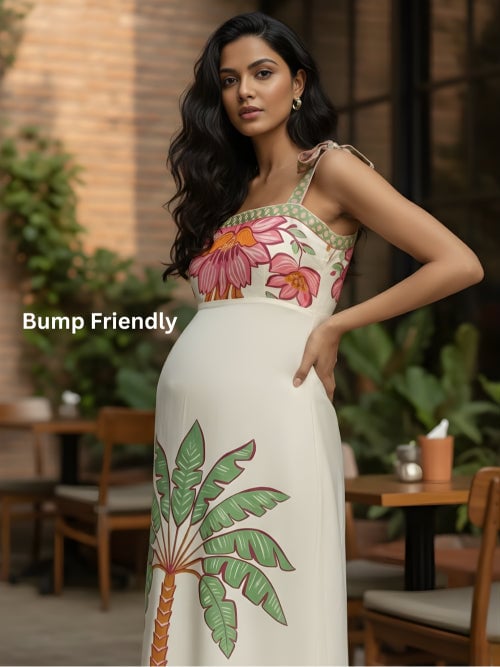 Cream Tropical Palm Print Tie-Strap Midi Dress