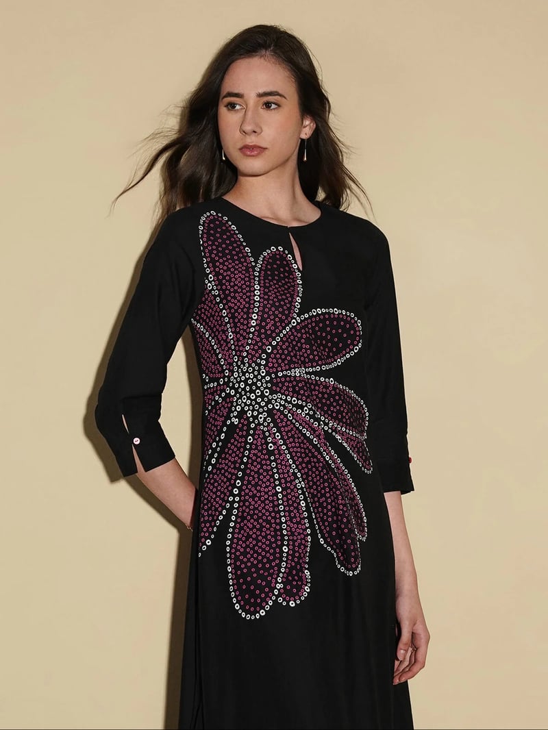 Cotton Bandhani Floral A-Line Kurta - Black