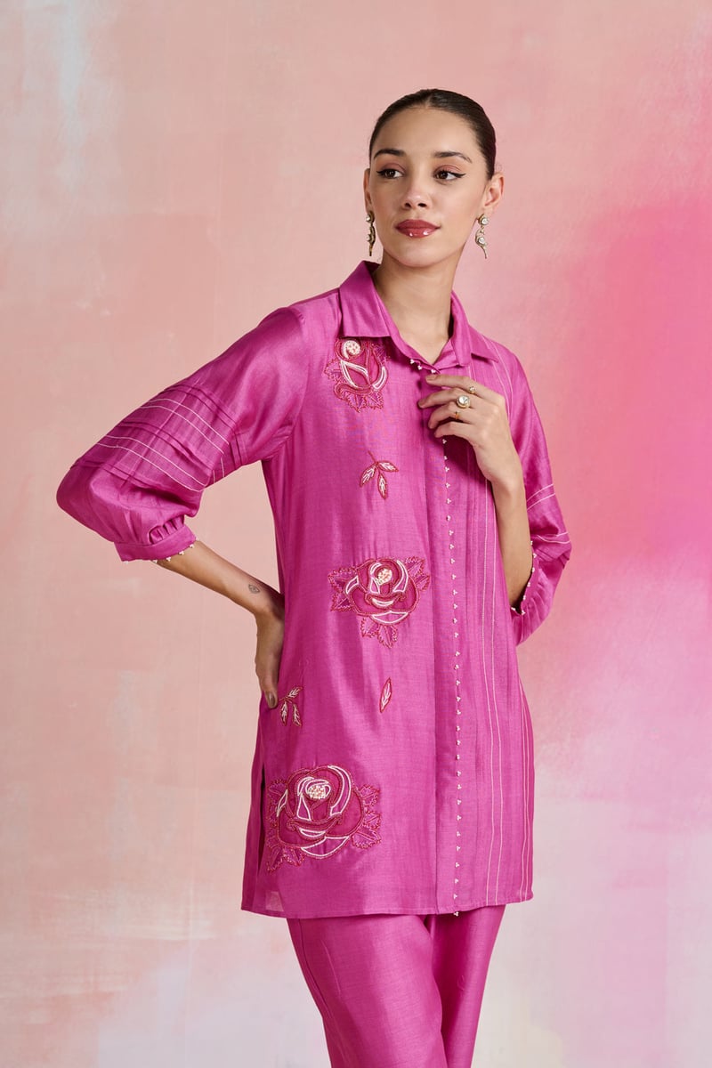 Bright Pink Chanderi Embroidered Kurta Set with Pants
