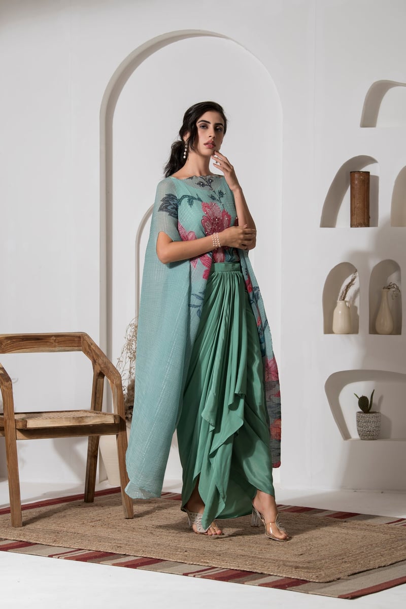 Dusty Jade Green Floral Kaftan and Dhoti Co-ord Set