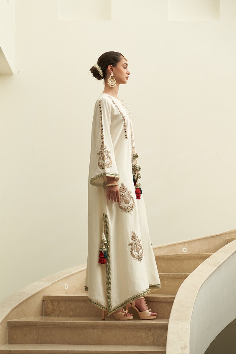 Ivory Chanderi Silk A-Line Kaftan with Tassel Tie