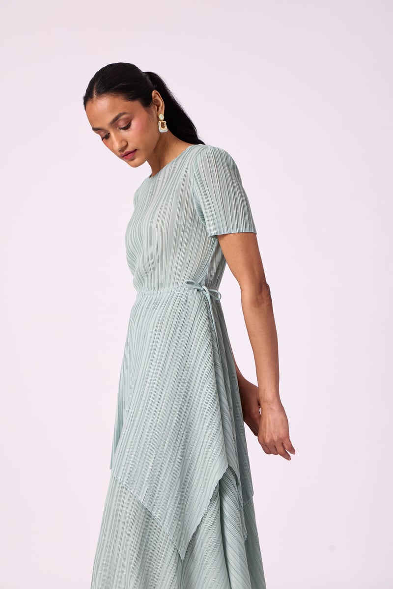 Sage Mint Pleated A-Line Midi Dress with Tie Waist