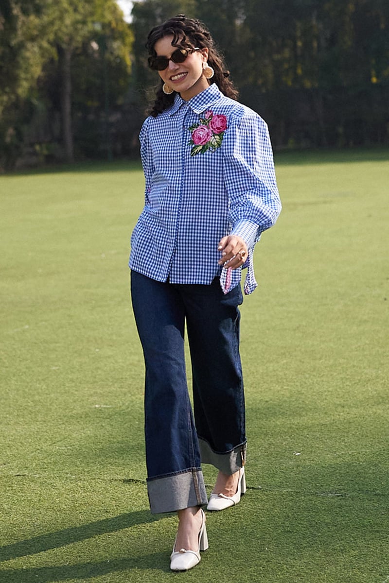 Blue Checked Cotton Shirt with Cross-Stitch Floral Motif