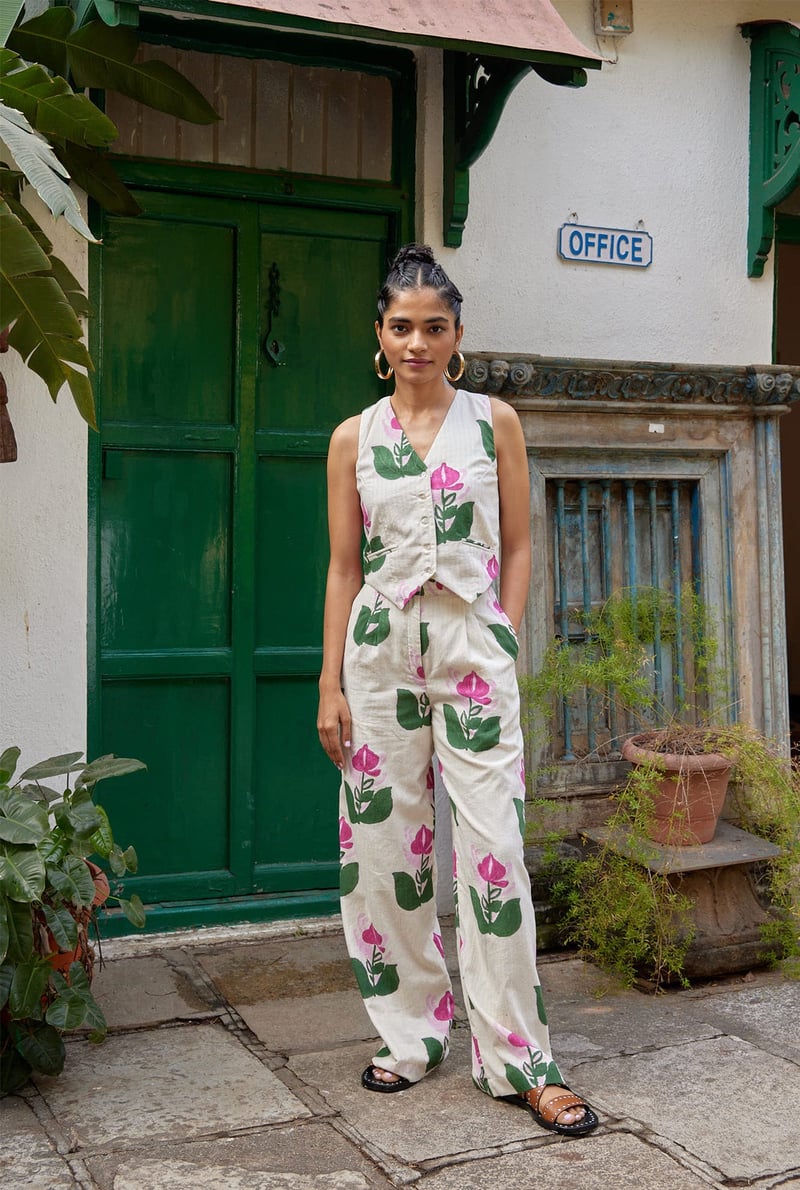 White/Pink Floral Handloom Cotton Waistcoat