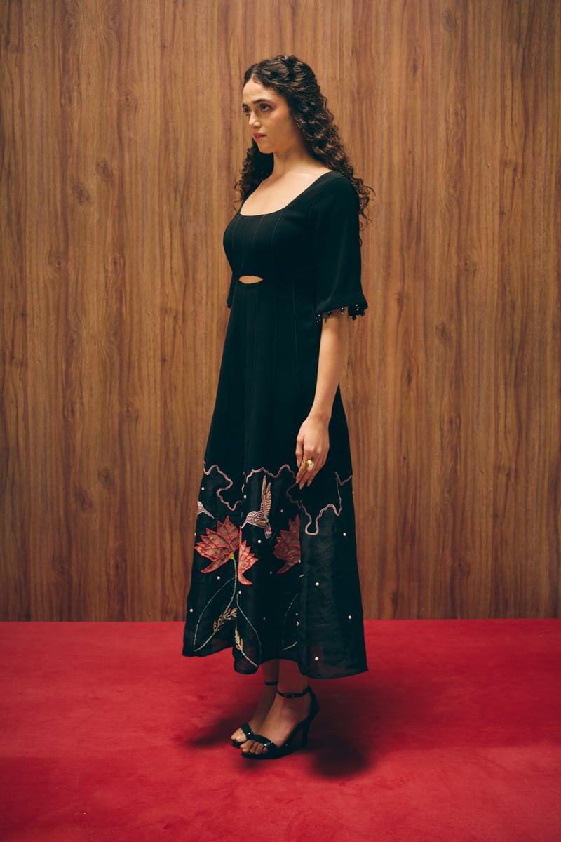 Black A-Line Midi Dress with Embroidered Organza Hem