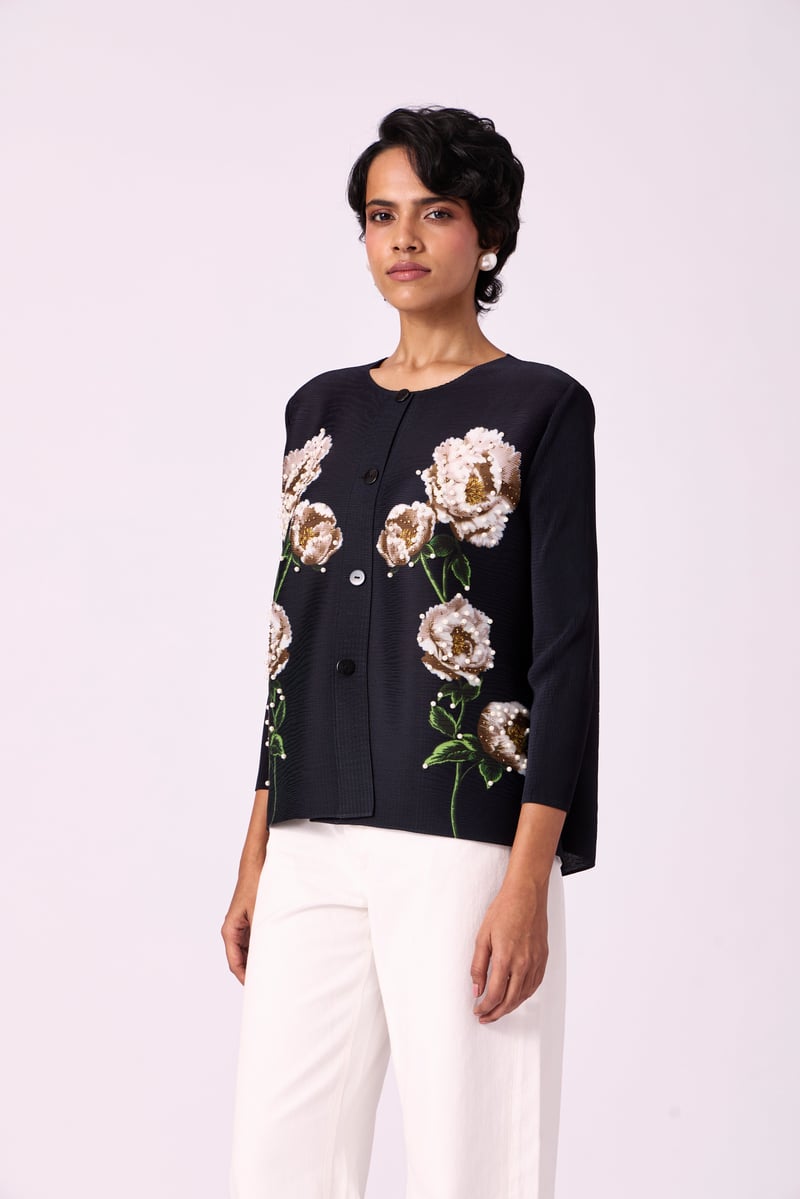 Black Pleated Floral Shirt with Pearl Details