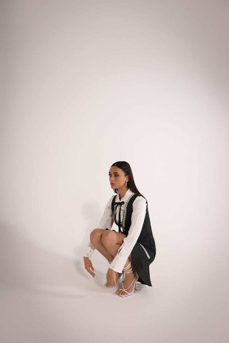 Black/Ivory Tweed Pearl-Trim Mini Dress with Bow