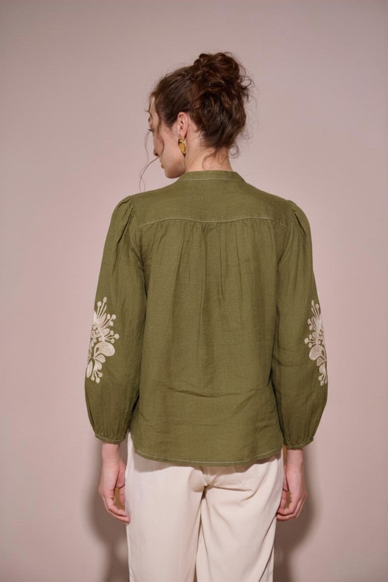 Green Linen Embroidered Mandarin Collar Blouse