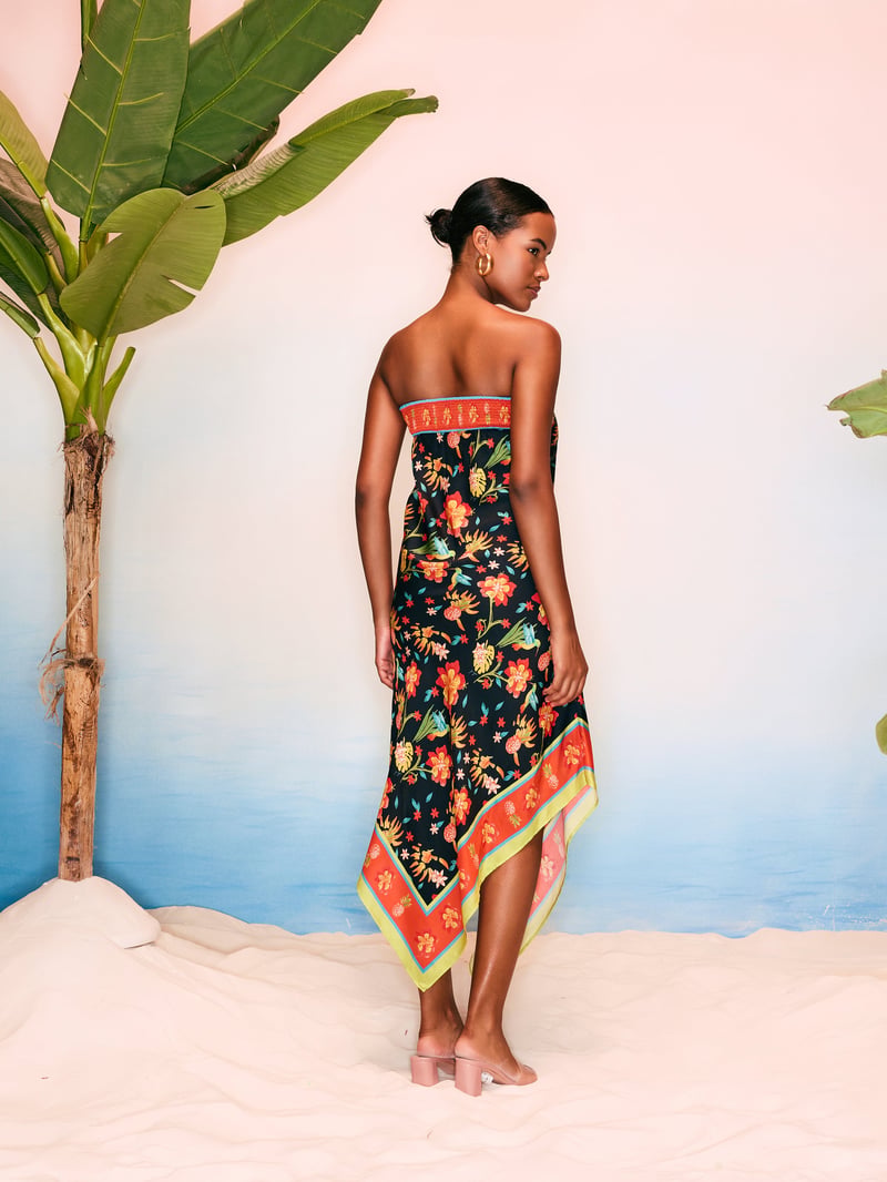 Black Floral Scarf Print Asymmetrical Midi Tube Dress