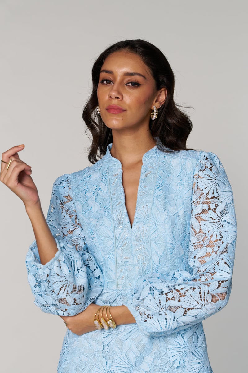 Blue Lace Fit and Flare Mini Dress with Bishop Sleeves