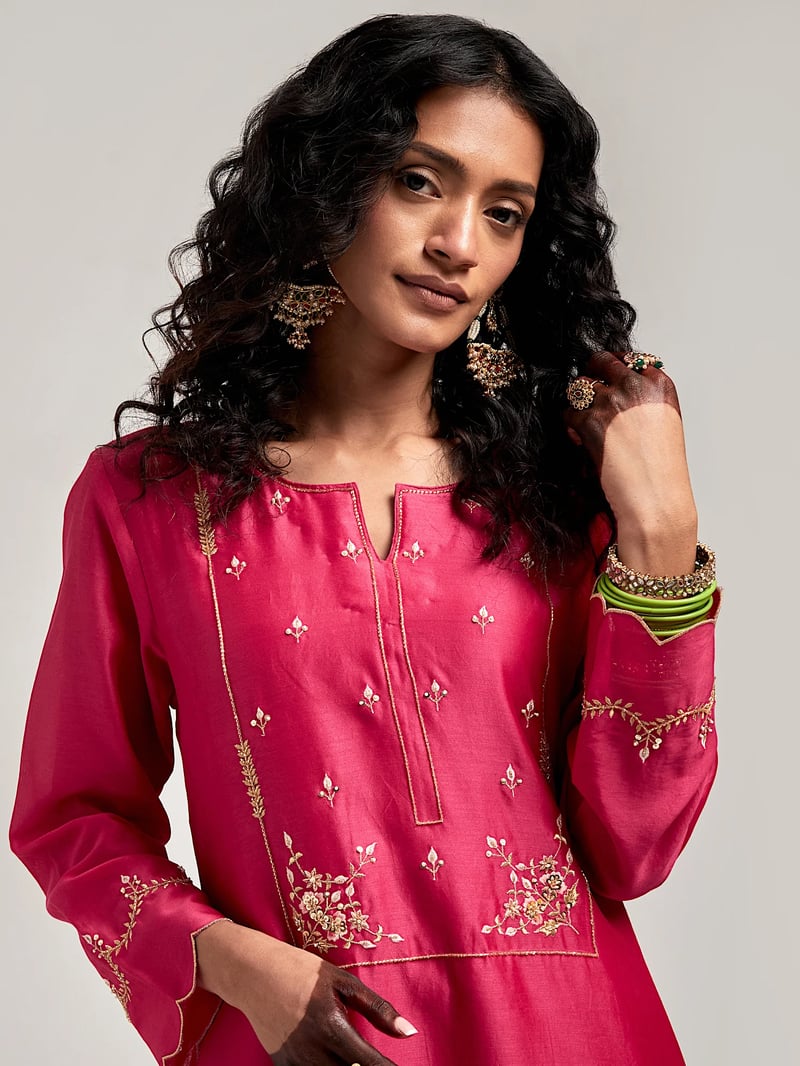 Fuchsia Silk Chanderi Embroidered Yoke Kurta Set