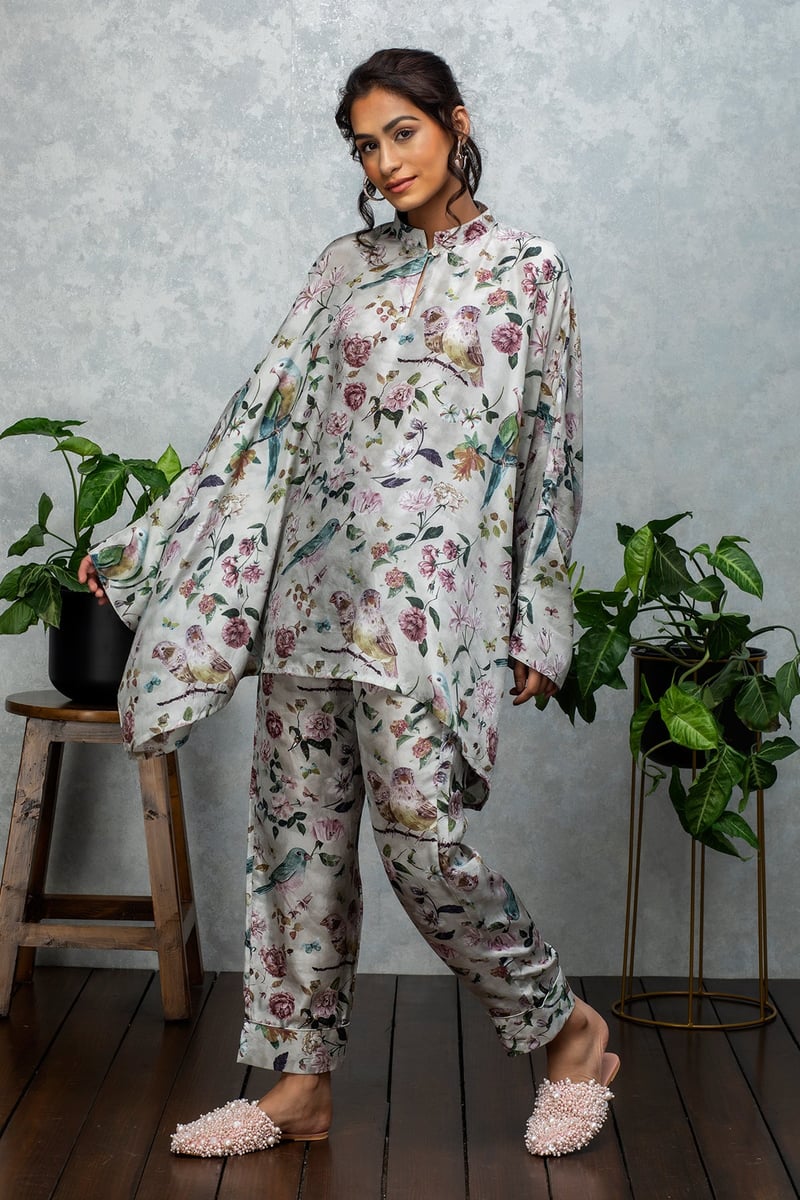 Grey/Multicolor Printed Silk Co-ord Set