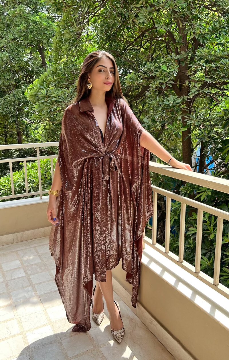Rust Sequinned Georgette Kaftan Dress with Waist Tie