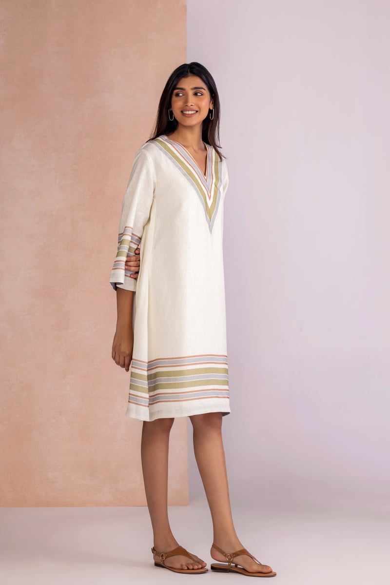 Earth Linen-Blend V-Neck Stripe Border Knee-Length Dress