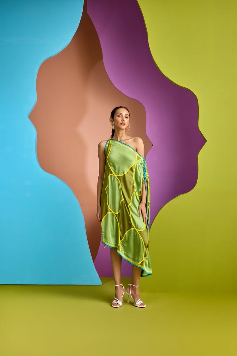Green One-Shoulder Asymmetrical Midi Kaftan Dress