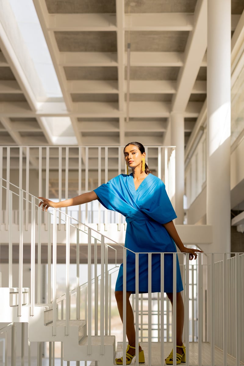 Blue Cotton Poplin Wrap Dress with Kimono Sleeves