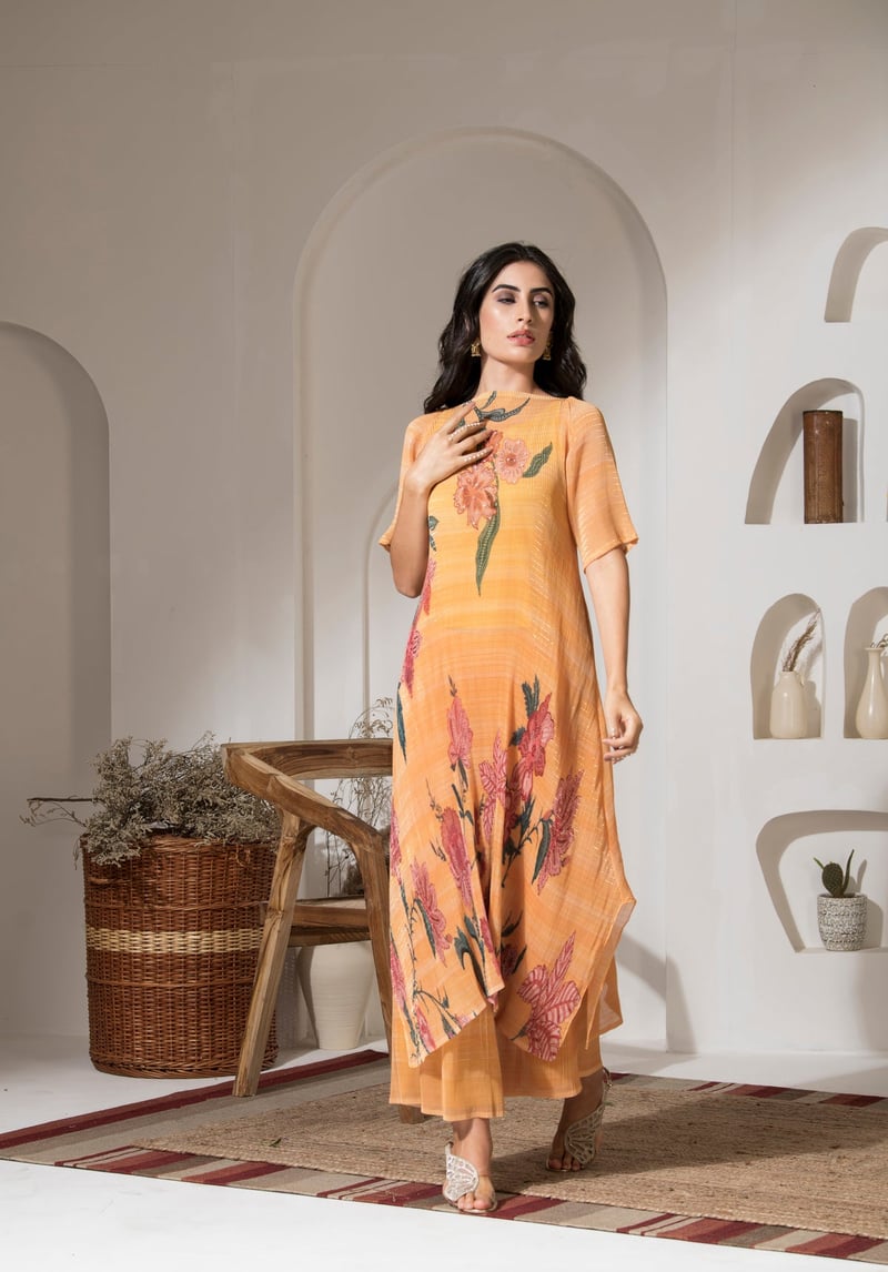 Golden Yellow Floral Lurex Kaftan Kurta Set with Palazzo